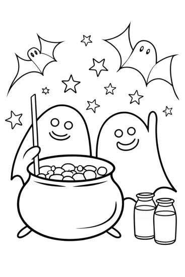 A coloring page of Friendly Ghosts Candy Factory Coloring Page