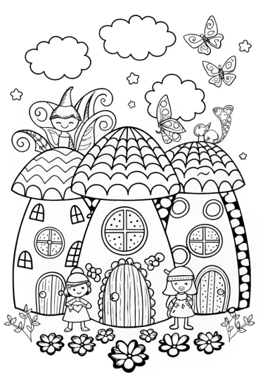 A coloring page of Adventure in the Mushroom Village Coloring Page