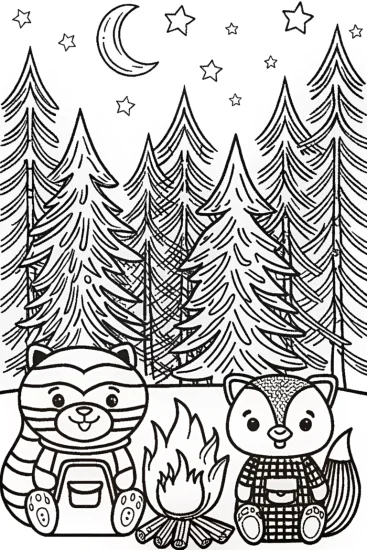 A coloring page of The Cozy Critter Campfire Coloring Page