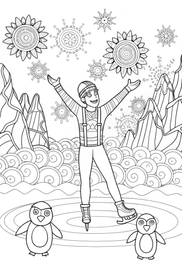 A coloring page of Blippi’s Adventure on the Ice Rink Coloring Page
