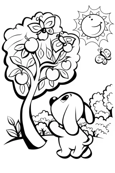 A coloring page of Puppy’s Adventure in the Enchanted Orchard