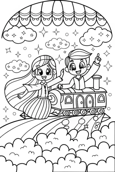 A coloring page of Anime Train Adventure Coloring Page