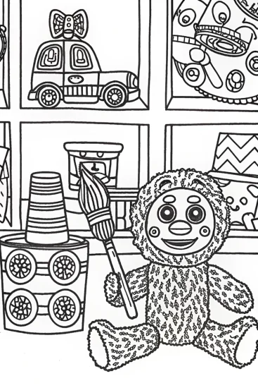 A coloring page of Huggy Wuggy’s Whimsical Workshop Coloring Page