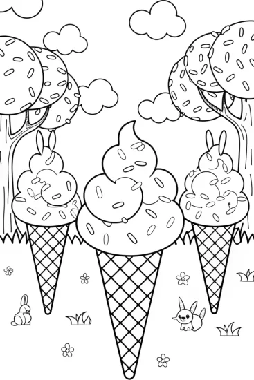 A coloring page of The Ice Cream Forest Adventure Coloring Page