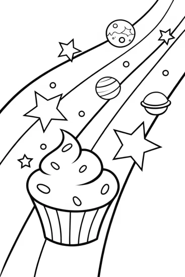 A coloring page of Cosmic Cupcake Space Adventure Coloring Page