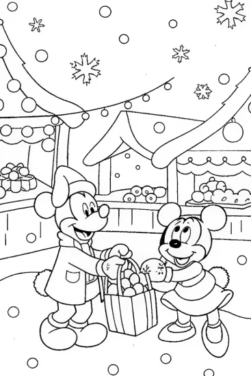 A coloring page of Mickey’s Magical Christmas Market Coloring Page