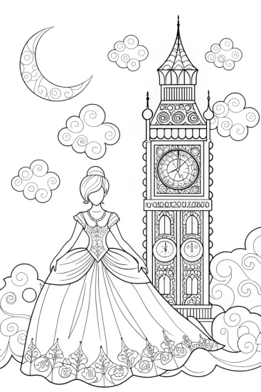 A coloring page of The Princess and the Enchanted Clocktower Coloring Page