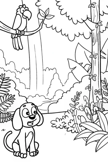 A coloring page of Puppy Explorer in the Jungle Coloring Page