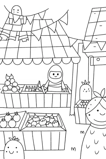 A coloring page of Ninja Market Adventure Coloring Page