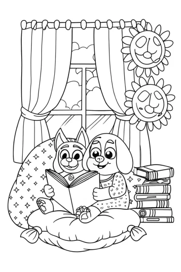 A coloring page of Bluey’s Cozy Reading Nook Coloring Page