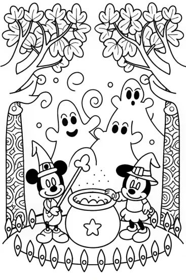 A coloring page of Mickey and Minnie’s Spooky Potion Party Coloring Page