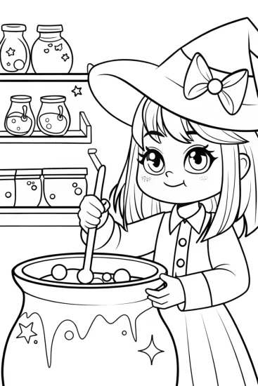 A coloring page of Kuromi’s Potion Brewing Coloring Page