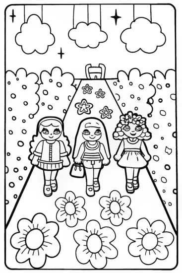 A coloring page of Bratz Dolls Whimsical Fashion Parade Coloring Page