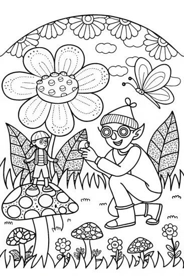 A coloring page of Blippi in a whimsical garden scene