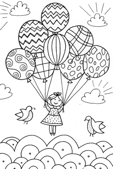 A coloring page of Alice’s Whimsical Balloon Ride Coloring Page