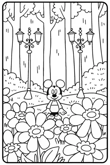 A coloring page of Mickey Mouse in the Magical Garden Quest Coloring Page