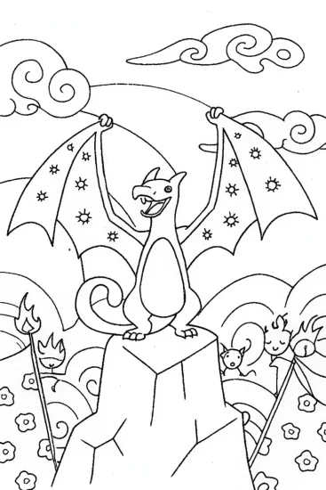 A coloring page of Charizard’s Victory Dance Coloring Page