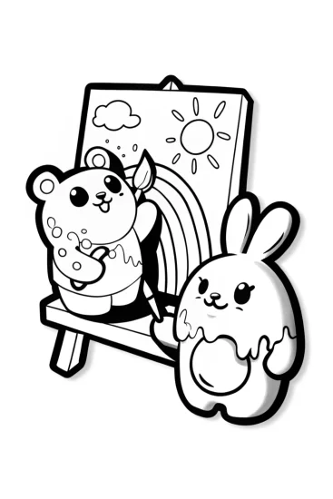 A coloring page of Squishmallow Bear and Bunny Painting Coloring Page