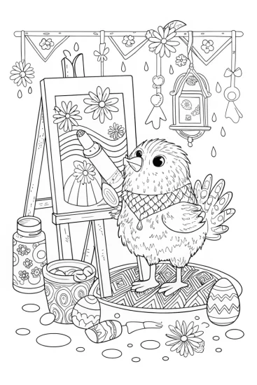 A coloring page of Chick’s Adventure in the Art Studio Coloring Page