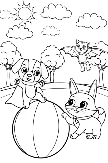 A coloring page of Superhero Pets in Training Coloring Page
