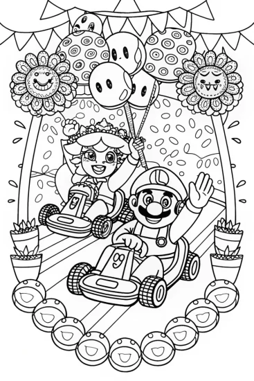 A coloring page of Mushroom Kingdom Kart Parade Coloring Page