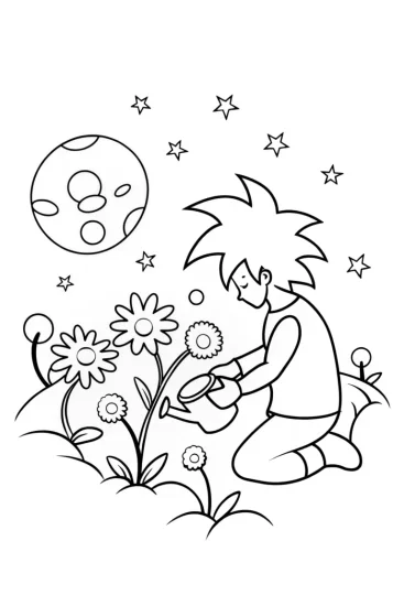 A coloring page of Goku’s Galactic Garden Adventure Coloring Page