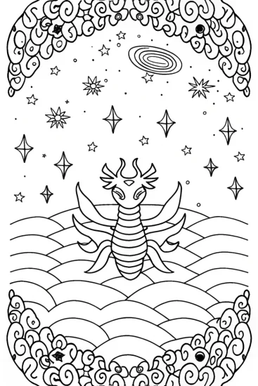 A coloring page of Giratina in a Cosmic Adventure Coloring Page