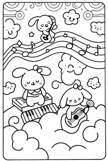 A coloring page of Cinnamoroll’s Cloudy Music Journey Coloring Page