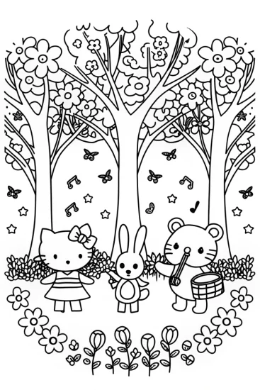 A coloring page of Hello Kitty’s Whimsical Garden Concert Coloring Page
