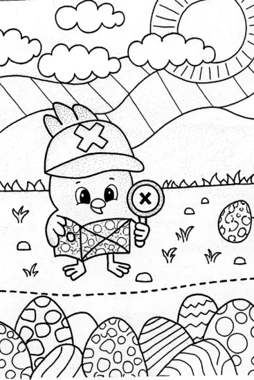 A coloring page of Chick’s Adventure on a Treasure Hunt Coloring Page