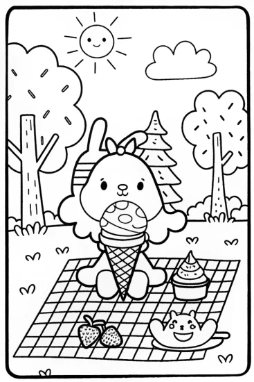 A coloring page of Ice Cream Picnic Adventure Coloring Page