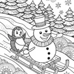 Snowman and Penguin Sledding Coloring Page