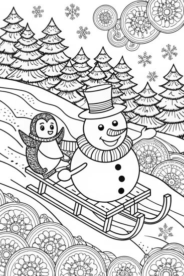 A coloring page of Snowman and Penguin Sledding Coloring Page