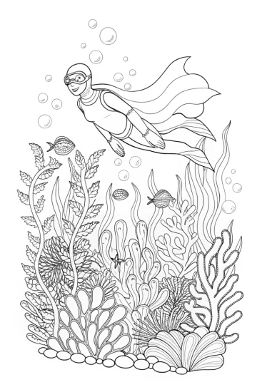 A coloring page of Ninja diving into the ocean depths