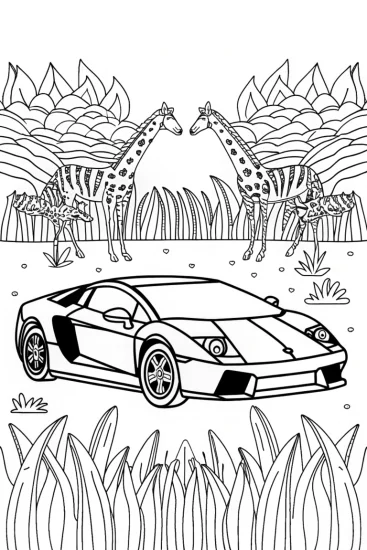 A coloring page of Lamborghini on a wild safari quest