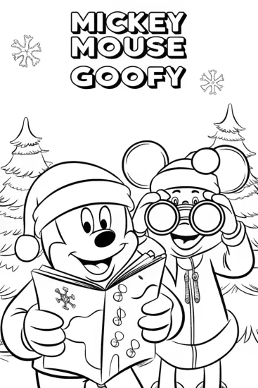 A coloring page of Mickey Mouse and Goofy Christmas Star Quest