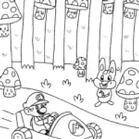 Mario Karting Through a Mushroom Forest Coloring Page