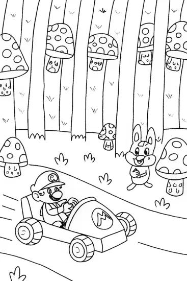 A coloring page of Mario Karting Through a Mushroom Forest Coloring Page