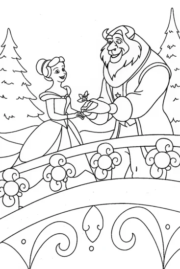 A coloring page of Belle and the Beast Enchanted Bridge Coloring Page