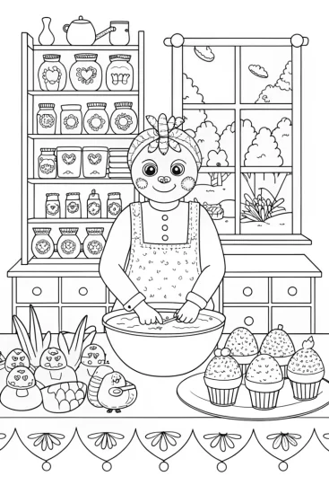 A coloring page of Huggy Wuggy’s Magical Bakery Adventure Coloring Page