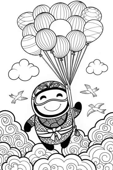 A coloring page of ninja in the sky with balloons