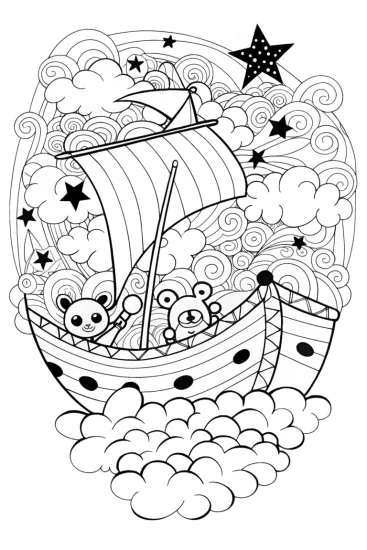 A coloring page of Whimsical Cloud Adventure with Bear Friends Coloring Page