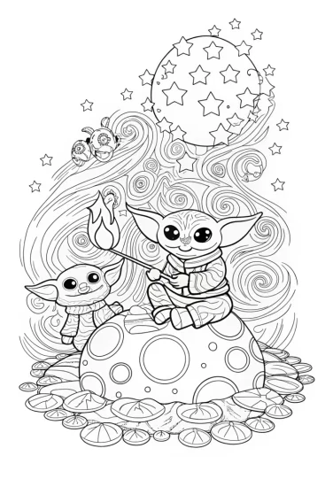 A coloring page of Baby Yoda’s Cosmic Camping Adventure Coloring Page