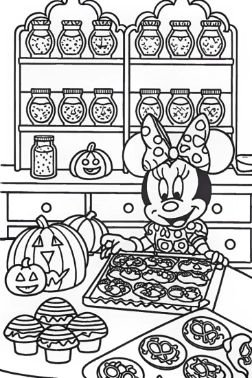 A coloring page of Minnie Mouse’s Enchanted Halloween Bakery Coloring Page