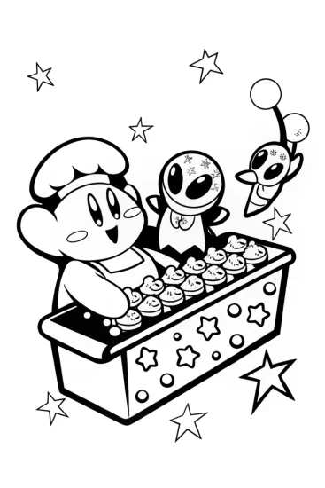 A coloring page of Kirby’s Dreamy Space Bakery Coloring Page