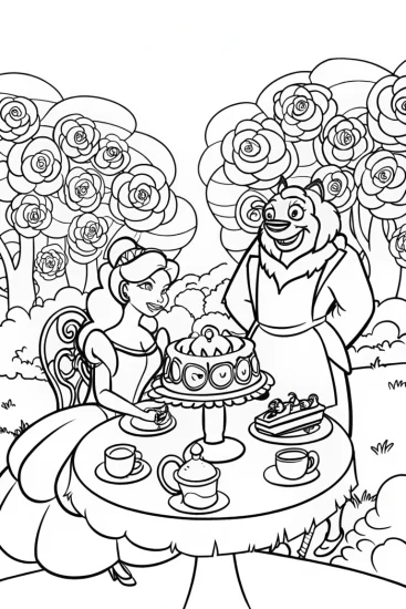 A coloring page of Belle and Beast Tea Party Coloring Page