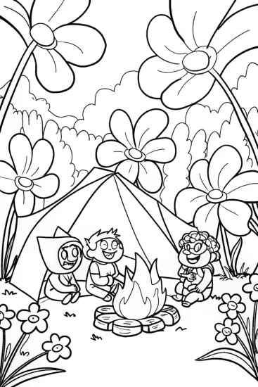 A coloring page of Campfire Fun with League of Legends Champions Coloring Page