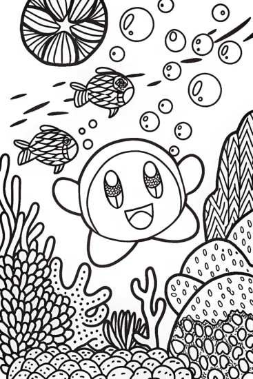 A coloring page of Kirby’s Bubble Adventure Coloring Page