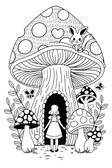 A coloring page of Alice’s Magical Mushroom Maze Coloring Page