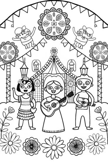A coloring page of Mirabel leads the Encanto music fest
